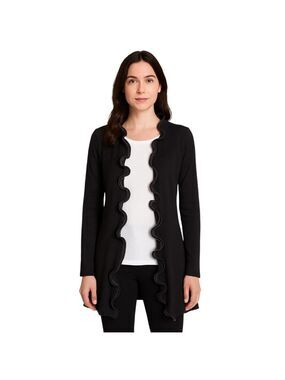 Stera Black Faux Leather Ruffled Long Open Stretch Cardigan Size S
